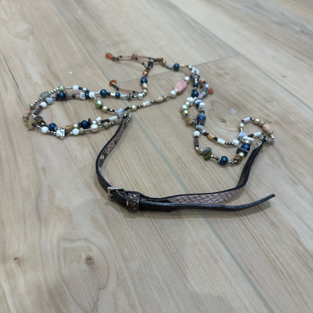 MaxMara Blue and White Beaded Belt with Black Leather